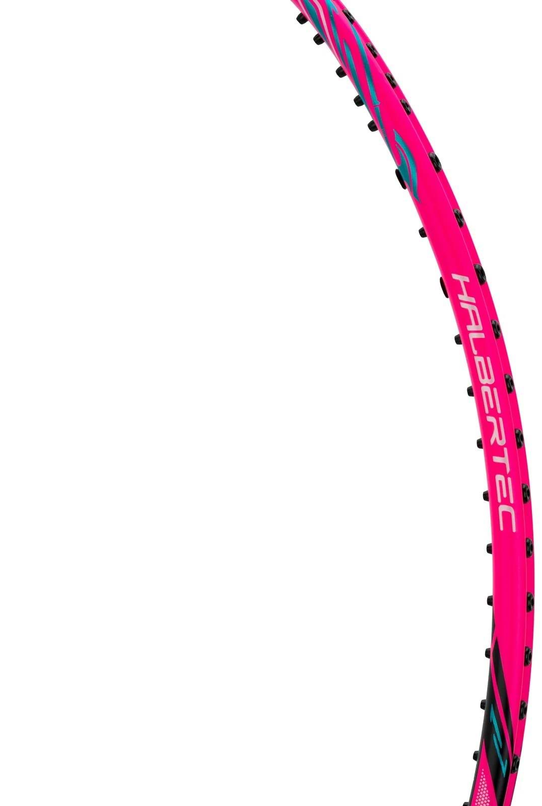 A close-up of the Li-Ning Halbertec 8000 4U Badminton Racket in Capri Breeze and Neon Iridescent Pink, featuring black and teal accents, “HALABARTEC” branding, and a military-grade carbon fibre frame against a white background.