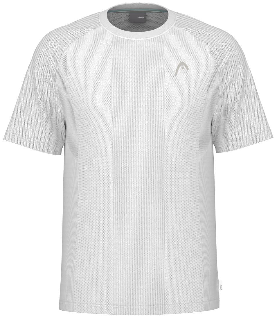 The HEAD Performance Men's Badminton T-Shirt in white features subtle vertical stripes, a small light gray logo on the left chest, and moisture-wicking fabric—ideal sportswear for badminton.