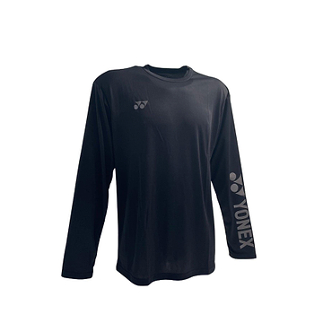 The Yonex YLSS2024 Unisex Badminton Long Sleeve T-Shirt in black showcases a stylish chest logo and bold "YONEX" on the right sleeve. Made with moisture-wicking fabric, it ensures comfort during intense matches.