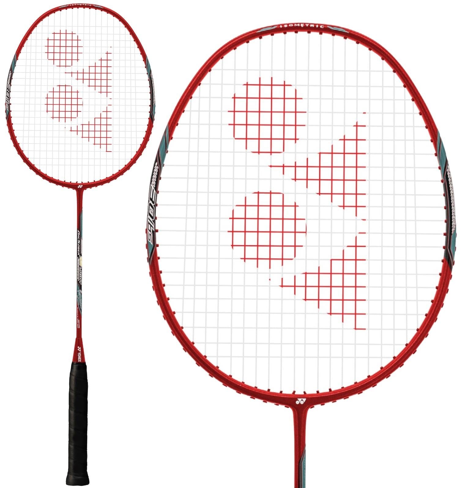 The Yonex Arcsaber 73 Light 5U Badminton Racket in Ruby Red features a black grip, white strings, and a red triangular logo on the head. The lightweight Yonex racket is displayed in full view and with a close-up of its head.