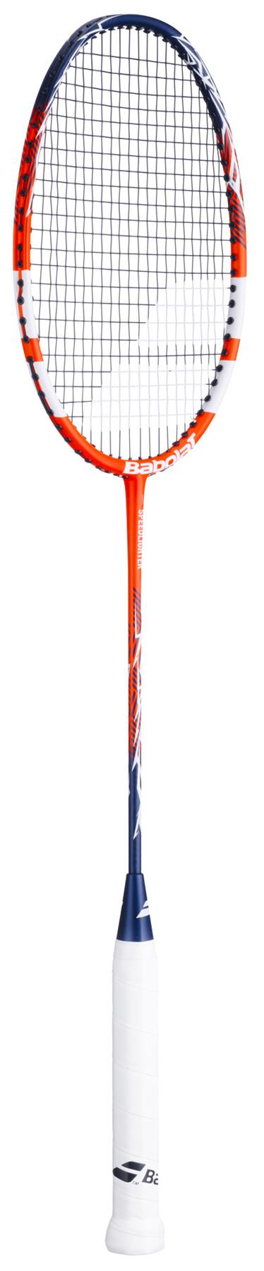 The Babolat Speedlighter 2026 Badminton Racket by Babolat features an orange and white frame with black strings and a white grip—perfect for beginners, displayed on a plain white background.