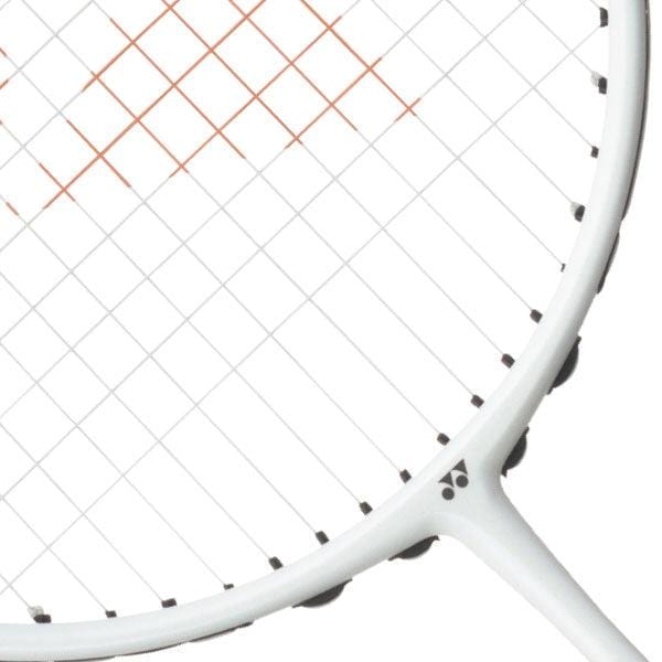 A close-up of the Yonex Nanoflare Nextage 4U Badminton Racket in White/Grey with orange strings highlights its frame and handle against a white background—perfect for intermediate players.