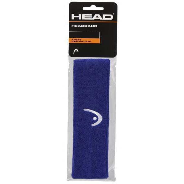 A blue HEAD Badminton Headband features exceptional elasticity and sweat absorption, highlighted by a white logo on the front. The packaging's top prominently displays "HEAD" in white on a black background, underscoring its brand identity.