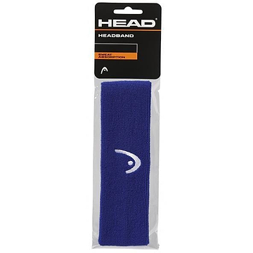 A blue HEAD Badminton Headband features exceptional elasticity and sweat absorption, highlighted by a white logo on the front. The packaging's top prominently displays "HEAD" in white on a black background, underscoring its brand identity.