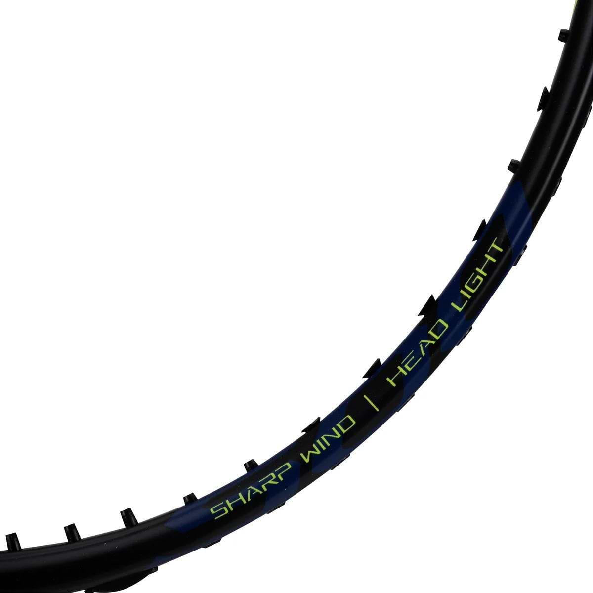 A close-up of the Li-Ning BladeX 500 4U Badminton Racket - Neon True Orange highlights "SHARP WIND | HEAD LIGHT" in yellow-green text and showcases advanced TB Nano Technology against a white background.