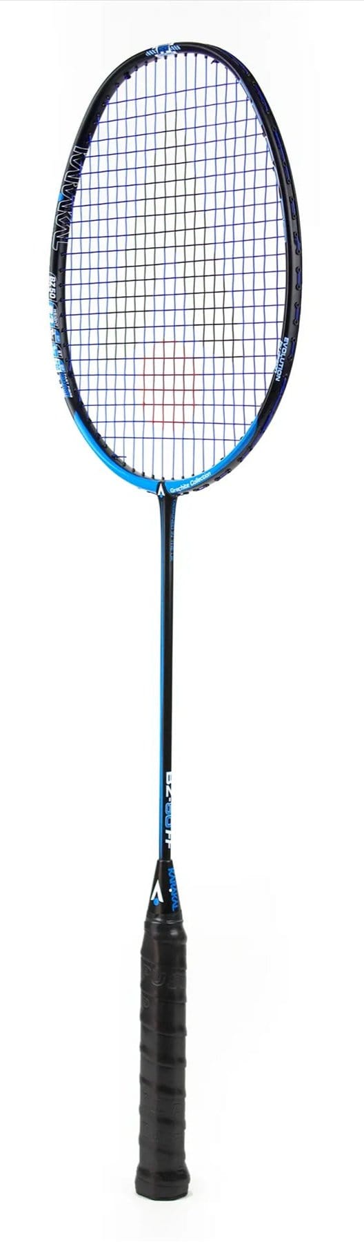 The Karakal Black Zone BZ 50 2.1 badminton racket, by Karakal, boasts a black and blue Fast Fibre Graphite frame with an isometric square head and sleek black handle. Its ideal string grid enhances gameplay, set against a crisp white background.
