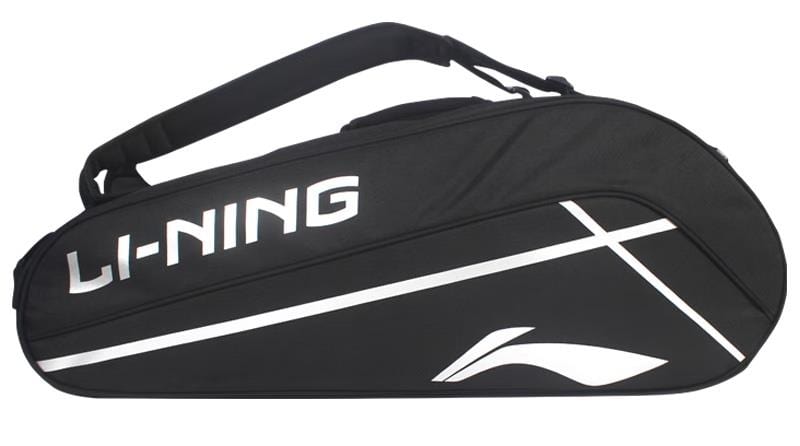 The Li-Ning Corner 6 Racket Badminton Bag in black flaunts bold white branding with a sleek diagonal design. Ideal for badminton players, it offers dedicated compartments and a convenient shoulder strap for easy transport.