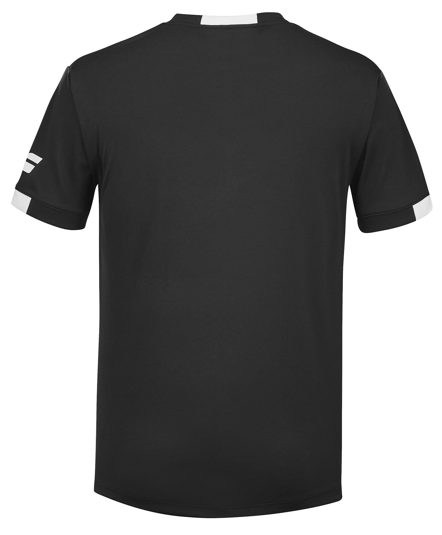 The Babolat Play Men's Crew Neck Badminton T-Shirt in black, featuring white accents on the sleeves and neck, shown from the back.