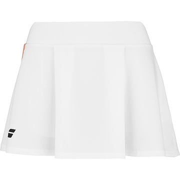 The Babolat Play Women's Badminton Skirt combines a white tennis skirt design with a wide waistband and pleated A-line style. Made from recycled polyester, it includes a black and orange logo at the bottom left. The lightweight fabric features Fiber Dry technology for optimal athletic wear.