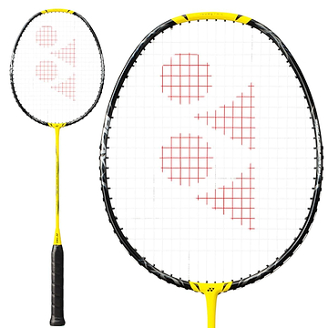 The Yonex Nanoflare 1000 Play 4U Badminton Racket in Lightning Yellow by Yonex showcases a striking combination of yellow and black, featuring an Aero Frame design. Its head displays a white string face accented with a red geometric logo, while the handle is wrapped in black grip tape, highlighted alongside a detailed view of the racket head.