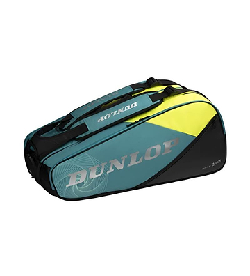 The Dunlop SX Performance 12 Racket Bag in teal, black, and yellow is ideal for carrying your tennis or badminton gear. With multiple compartments, it stylishly holds up to 12 rackets.