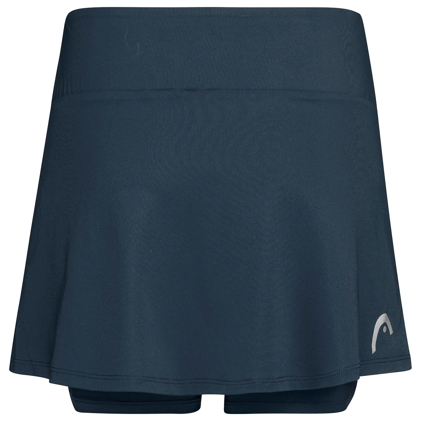 The HEAD Women's Club Basic Badminton Skort in dark navy features a fitted high waistband and attached shorts. Designed for badminton with a small logo on the lower right, it uses Moisture Transfer Microfibre technology for smooth, stretchy fabric.