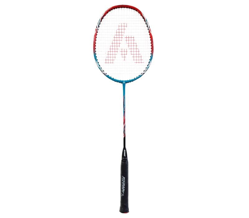 The Ashaway AM 9SQ Badminton Racket by Ashaway features a striking red and turquoise frame, complemented by a black grip handle and white strings. Its sleek design includes a carbon shaft for enhanced power and control precision, showcased standing vertically against a plain white background.