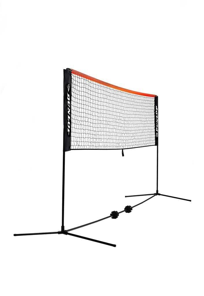 The Dunlop Mini 6m Badminton Net & Post Set, by Dunlop, boasts elegant black poles and a sturdy black net highlighted by a vibrant red top band. Ideal for both indoor and outdoor play, it includes adjustable stand bases for effortless setup anywhere.