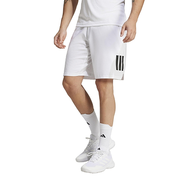 A person wearing a white t-shirt, adidas Men's 3 Stripe Badminton Shorts in white, moisture-wicking white socks, and white sneakers stands against a plain background.
