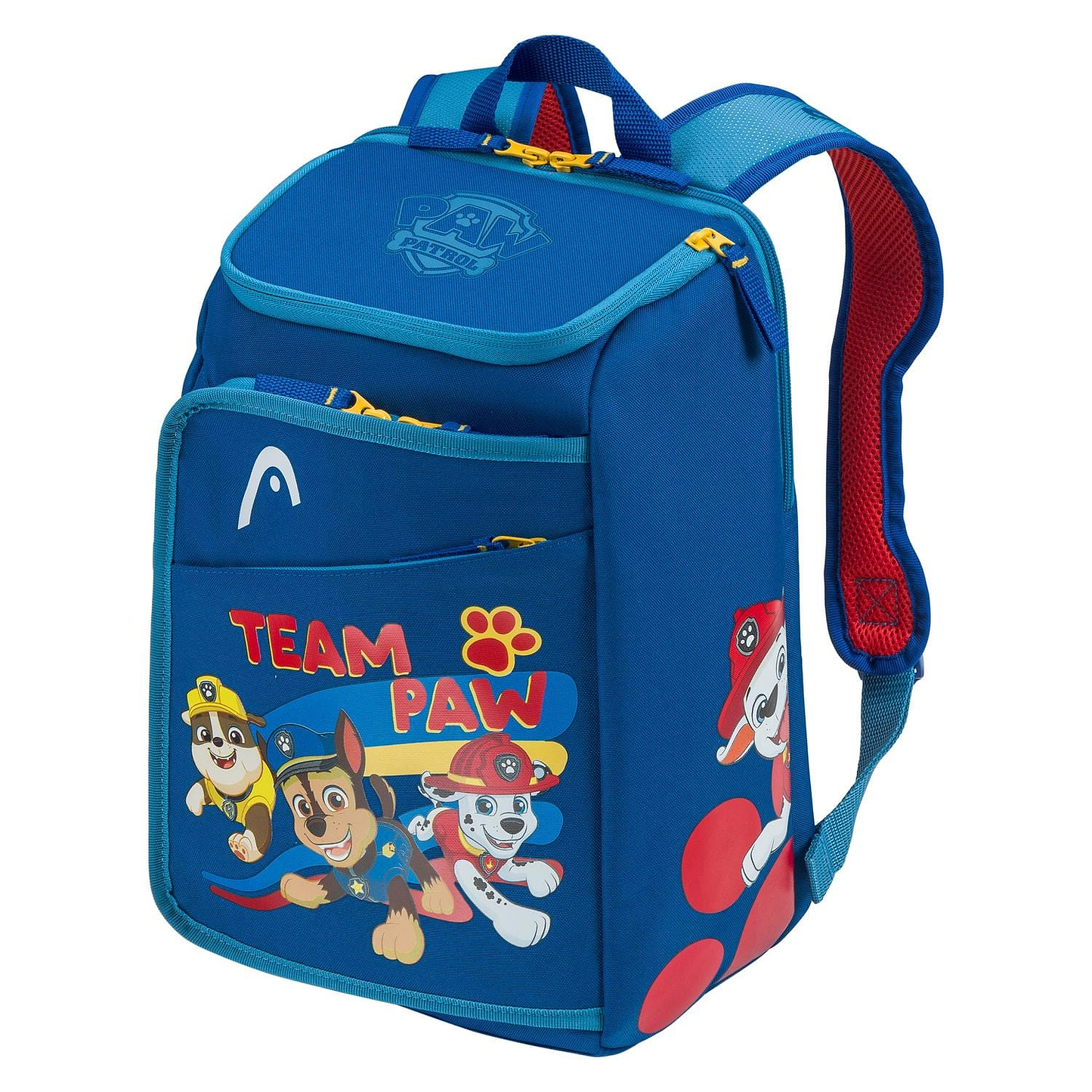 The HEAD x Paw Patrol Kids Tennis Backpack in blue features “TEAM PAW” text and three pups in rescue hats. With red, blue, and yellow accents, this stylish backpack makes carrying tennis gear fun for young Paw Patrol fans.