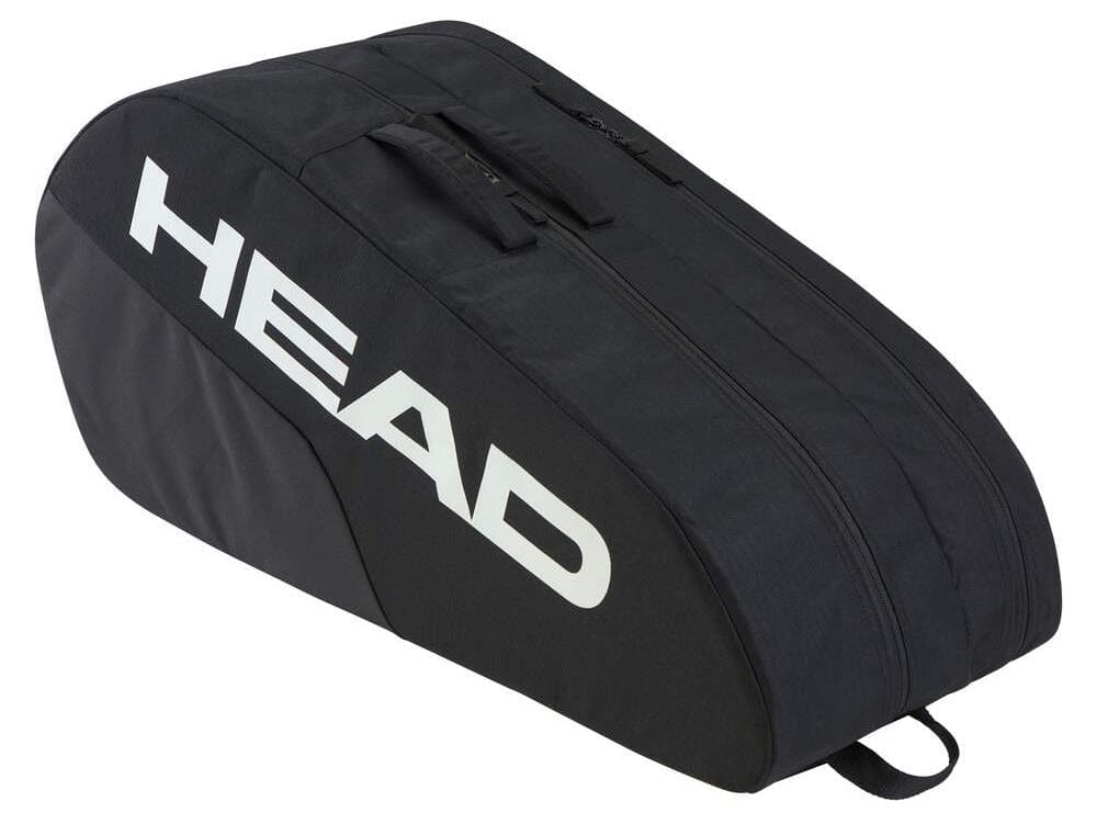The HEAD BASE 6 Racket Badminton Bag M - BK is a sleek, black bag designed for intermediate players. It features the brand name "HEAD" prominently in white, offers two zippers, and has a top handle for easy carrying.