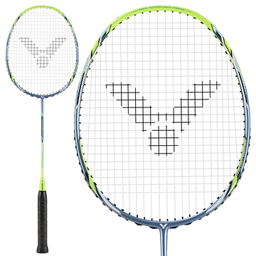 Close-up and full view of the Victor DriveX Light Fighter 60 E badminton racket from Victor. This contemporary racket features an aerodynamic frame in lime green with blue accents, designed with a head-heavy balance for delivering powerful shots. It is complemented by a black handle, while the strings showcase a unique black pattern.