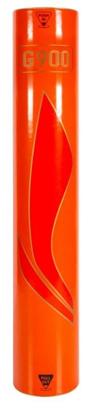 A bright orange cylindrical drum featuring the "Li-Ning G900 Feather Shuttles / Shuttlecocks - Set Of 12" label, complete with a bold red swoosh design, designed for international tournament-level play, standing upright against a plain background.
