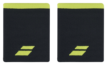 A pair of Babolat wristbands features the distinctive Jumbo Logo, resembling two parallel diagonal lines near the bottom. These grey bands with an Aero-colored top edge are designed for effective perspiration control and are displayed on a plain white background.