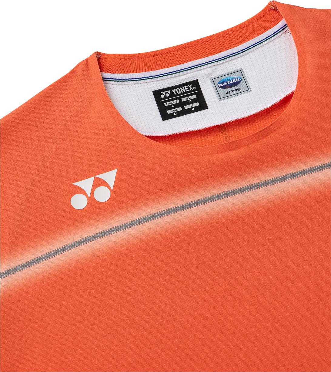 Close-up of the Yonex 10711YX Crew Neck Men's Badminton T-Shirt in Cyber Orange, featuring a white Yonex logo on the left shoulder and a white gradient stripe across the chest. Performance details appear on the neck tag.