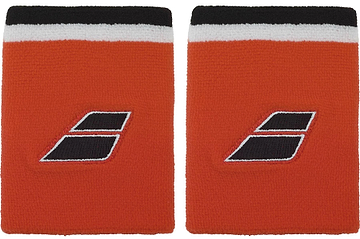 The Babolat Terry Jumbo Wristband in Cherry Tomato features black and white stripes at the top and a bold, slanted Babolat logo—perfect for absorbing sweat and adding style to your tennis accessories collection.