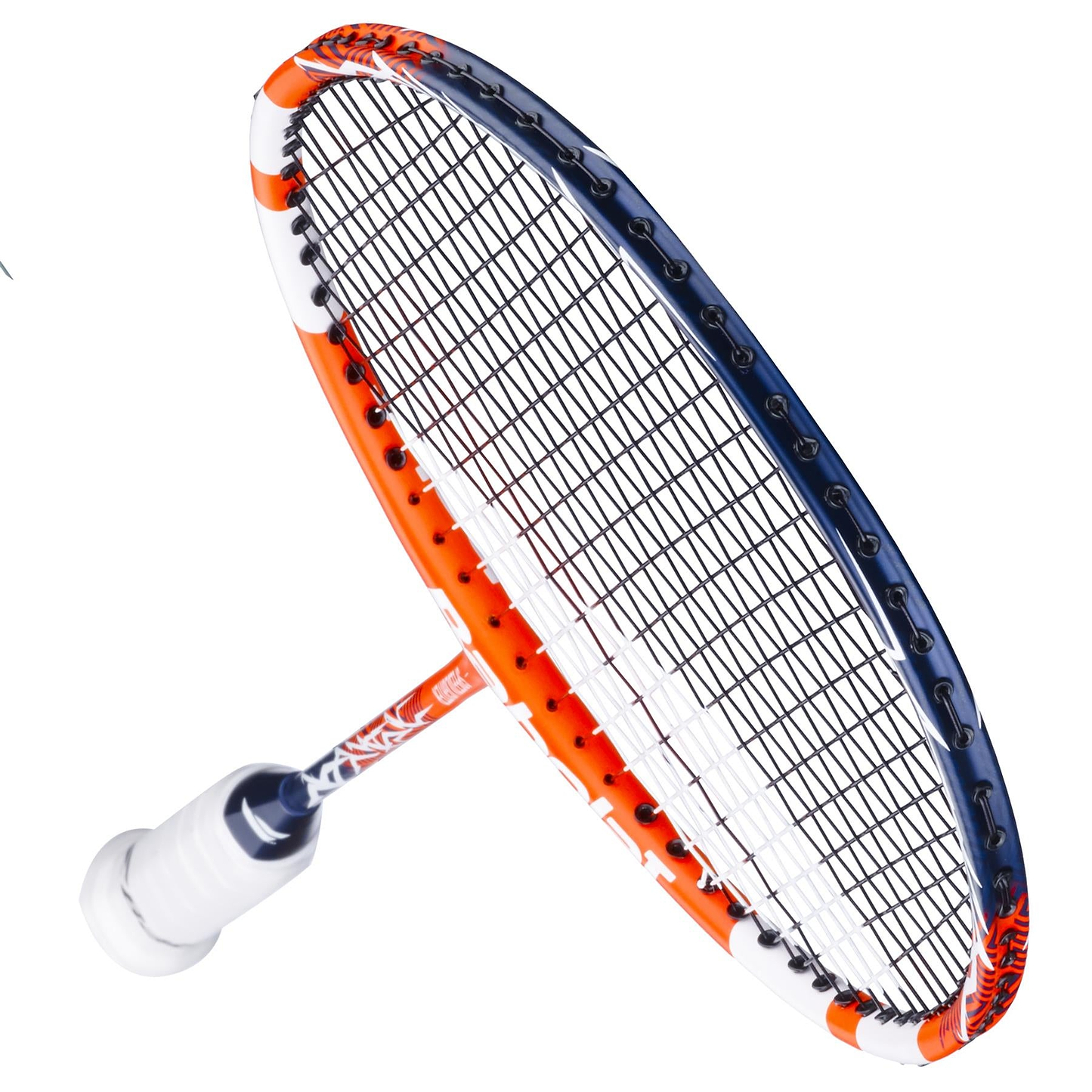 A close-up of the Babolat Speedlighter 2026 Badminton Racket by Babolat, designed for juniors in orange and white with black strings, displayed at an angle against a white background.