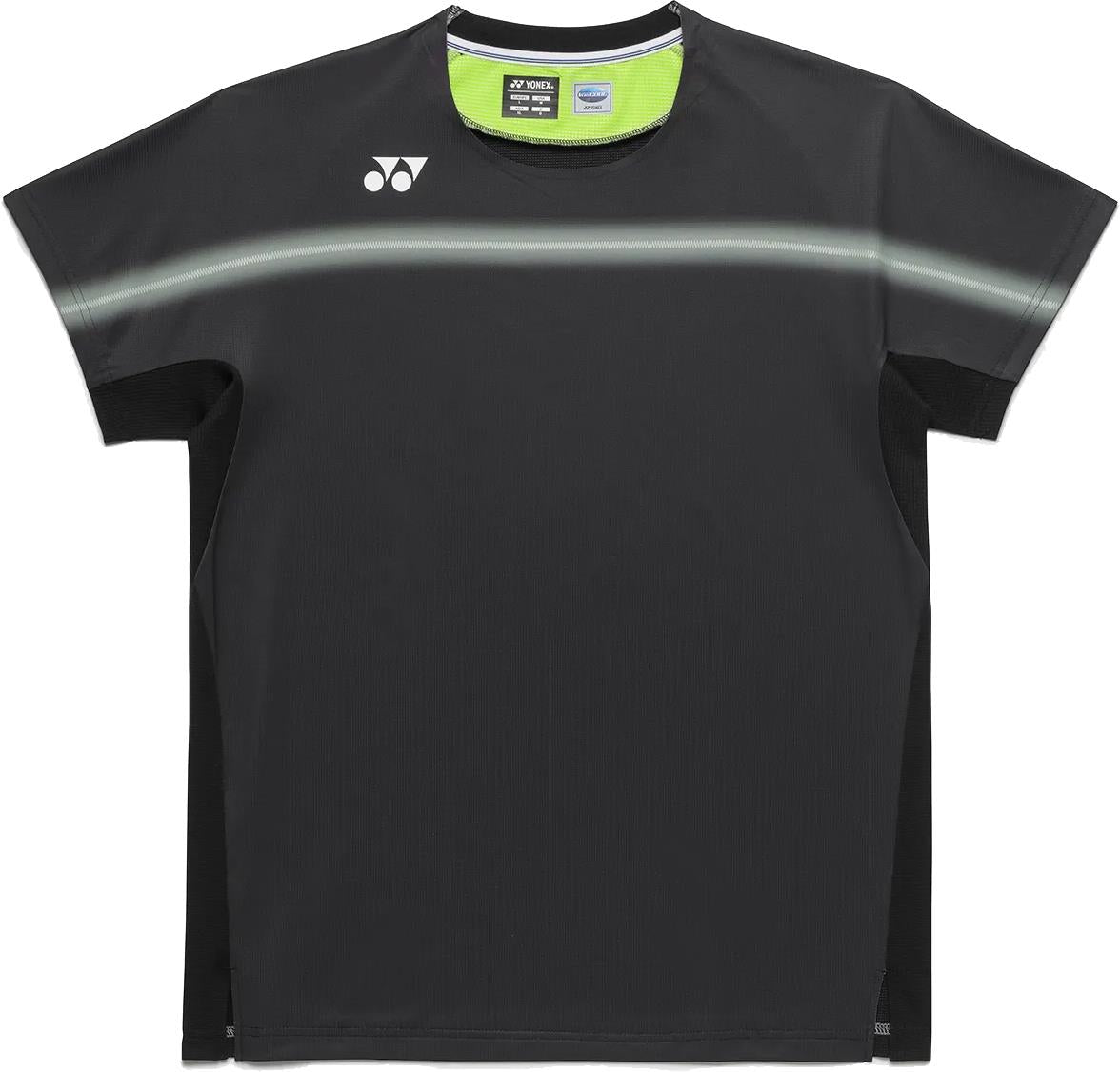 The Yonex 10711YX Crew Neck Mens Badminton T-Shirt in black features short sleeves, a subtle gray chest stripe, black side panels, and Yonex branding—ideal performance wear for active badminton players.