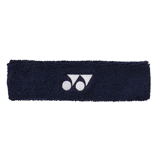 The Yonex AC259 Headband in navy blue displays a white logo at its center and is crafted from a textured, sweat-absorbing fabric, ensuring both style and function.