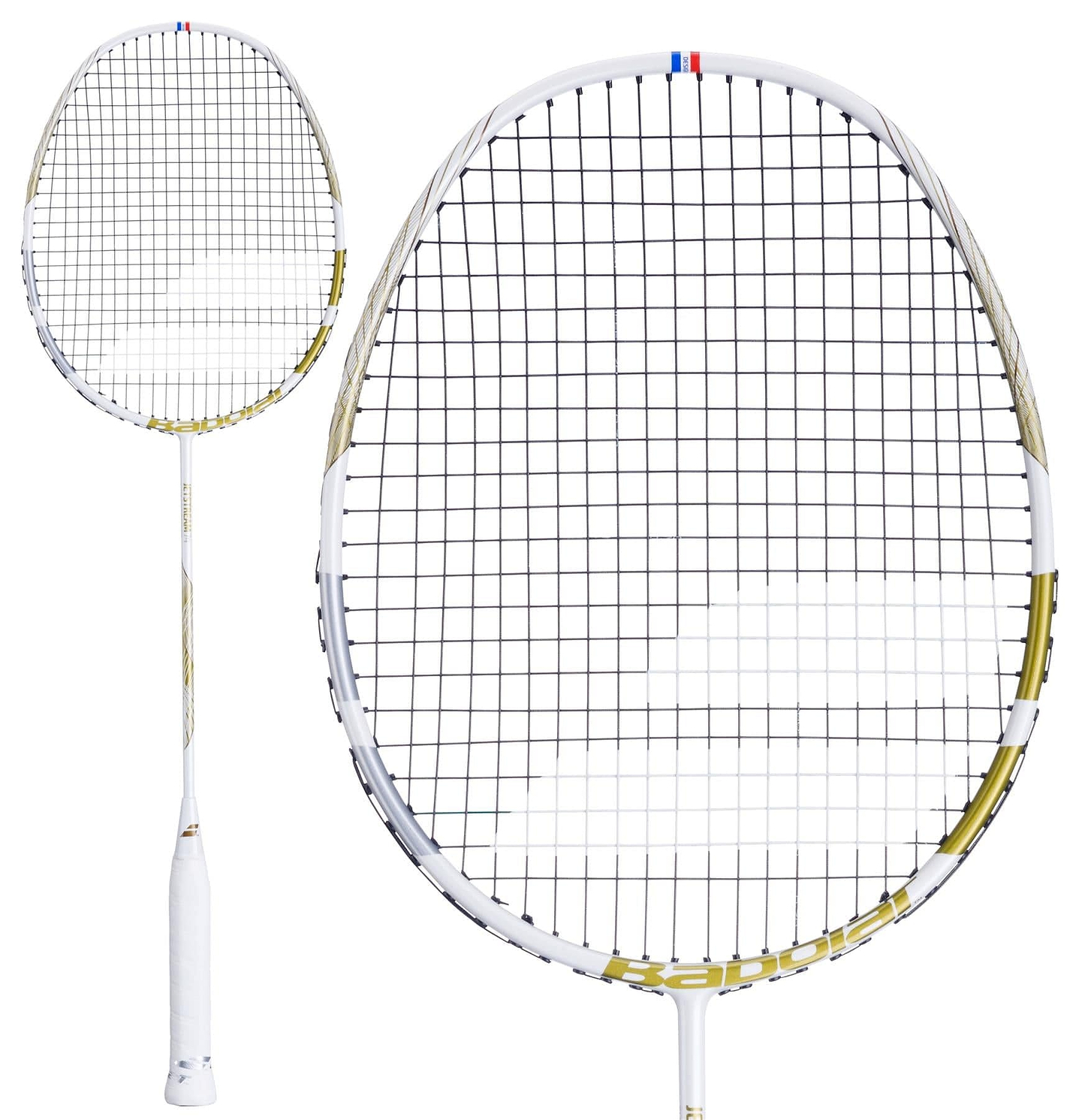 The Babolat Jetstream 74 6U badminton racket, an ultra-light model from Babolat, features black strings with red and blue accents at the top and gold accents along its slender shaft. It is displayed in two views: a full-length shot and a close-up of the head.