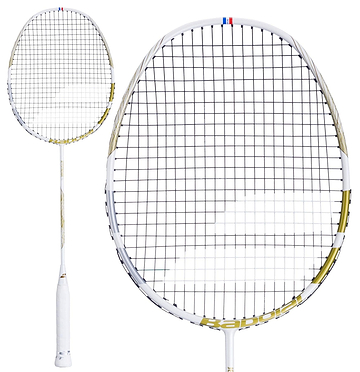 The Babolat Jetstream 74 6U badminton racket, an ultra-light model from Babolat, features black strings with red and blue accents at the top and gold accents along its slender shaft. It is displayed in two views: a full-length shot and a close-up of the head.