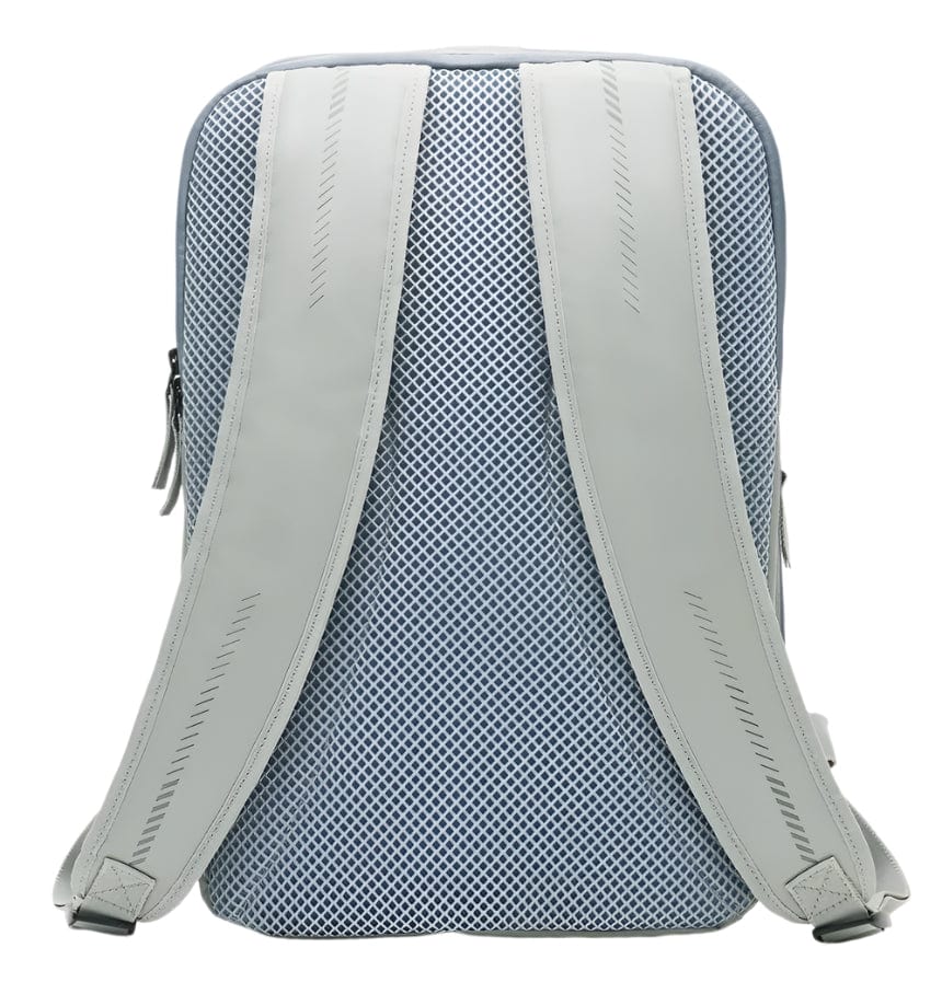 The Kanso Intuko Badminton 23L Backpack in gray is displayed upright against a plain white background, featuring two padded straps and a mesh back that accentuate its structured design.