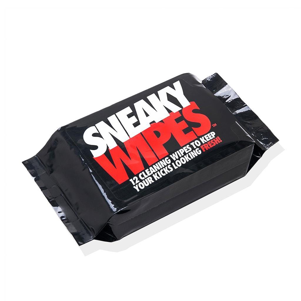 A package of Sneaky Fresh Shoe Cleaning Wipes (12 Pack) by Sneaky features a sleek black design with red and white lettering, ideal for trainers and footwear. The text reads "12 cleaning wipes to keep your kicks looking fresher.