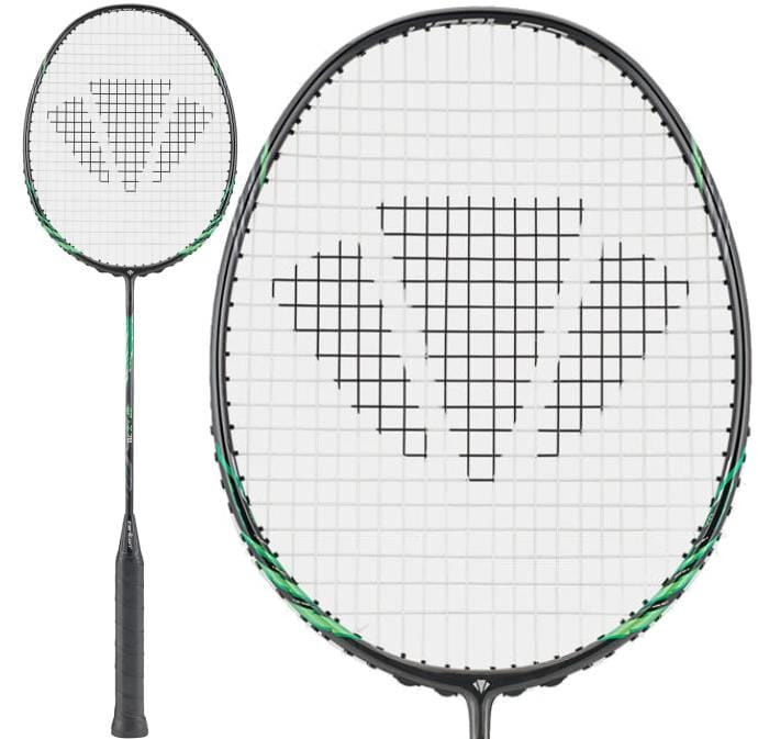 The Carlton GP-X 78 5U Badminton Racket by Carlton features a head heavy balance, black with green accents, and a geometric string pattern. Made from Japanese High Modulus Graphite, it's shown in full view and close-up of the racket head.