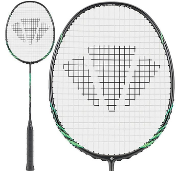 The Carlton GP-X 78 5U Badminton Racket by Carlton features a head heavy balance, black with green accents, and a geometric string pattern. Made from Japanese High Modulus Graphite, it's shown in full view and close-up of the racket head.