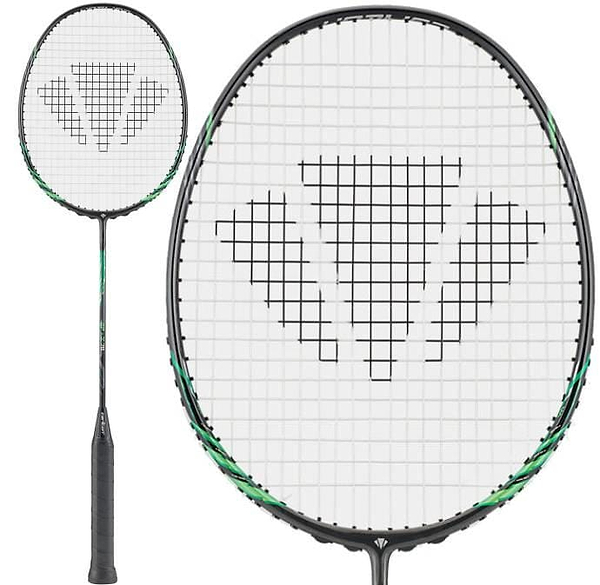The Carlton GP-X 78 5U Badminton Racket by Carlton features a head heavy balance, black with green accents, and a geometric string pattern. Made from Japanese High Modulus Graphite, it's shown in full view and close-up of the racket head.