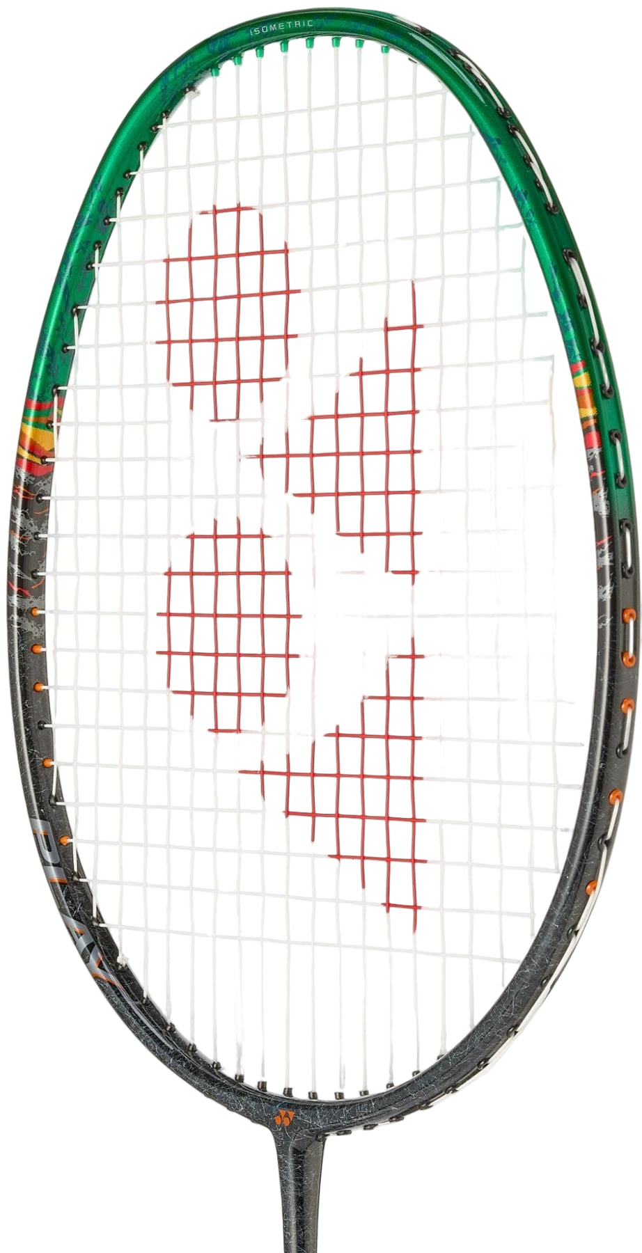 A close-up of the Yonex Astrox 99 Play 4U Badminton Racket in black and green, featuring white strings with a central red geometric Yonex logo.
