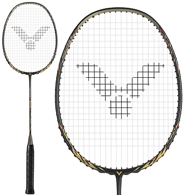 The Victor Thruster Raptor C 4U Badminton Racket by Victor, in Black/Gold, features a black grip and patterned frame with a unique square black logo on the strings. A close-up of this attack-oriented racket’s head is also shown.