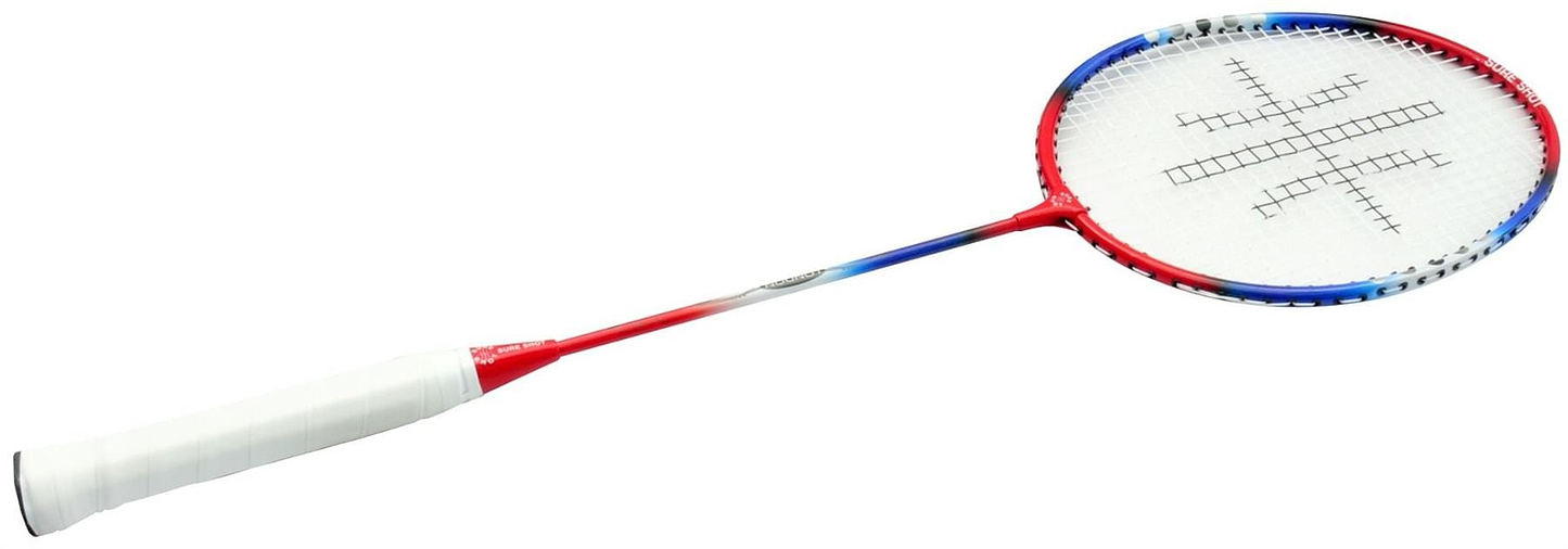 Introducing the Sure Shot London 23 Inch Badminton Racket, ideal for junior players with its isometric aluminium head, red/blue frame, white handle for a comfy grip, and strings forming a grid pattern highlighted by a decorative black design.