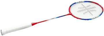 Introducing the Sure Shot London 23 Inch Badminton Racket, ideal for junior players with its isometric aluminium head, red/blue frame, white handle for a comfy grip, and strings forming a grid pattern highlighted by a decorative black design.