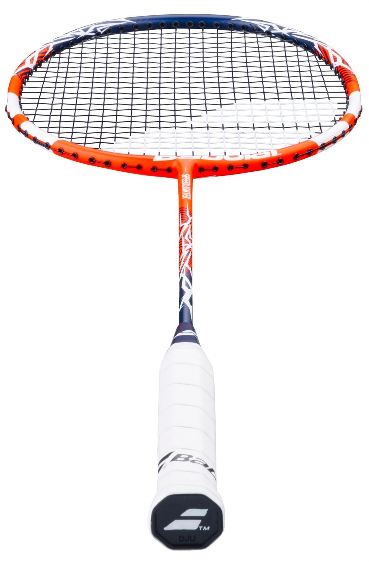The Babolat Speedlighter 2026 Badminton Racket in orange and white, shown from handle to head on a white background, is ideal for beginners seeking a lightweight junior racket.