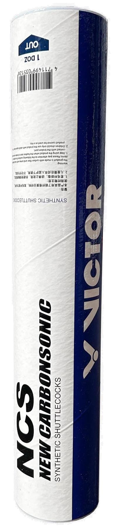 The Victor New Carbonsonic NCS Badminton Shuttles, set of 12, feature durable synthetic construction for consistent play and come in a primarily white cylindrical tube with blue stripe and bold Victor branding.