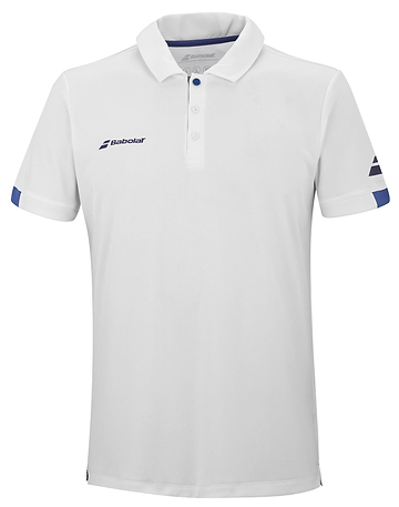 The Babolat Play Men's Badminton Polo Shirt in white is made from recycled polyester fabric, featuring a short-sleeve design with a collar and three buttons. It showcases a small blue "Babolat" logo on the left chest and boasts a stylish blue pattern on the right sleeve. Equipped with Fiber Dry technology, it ensures maximum comfort for players.