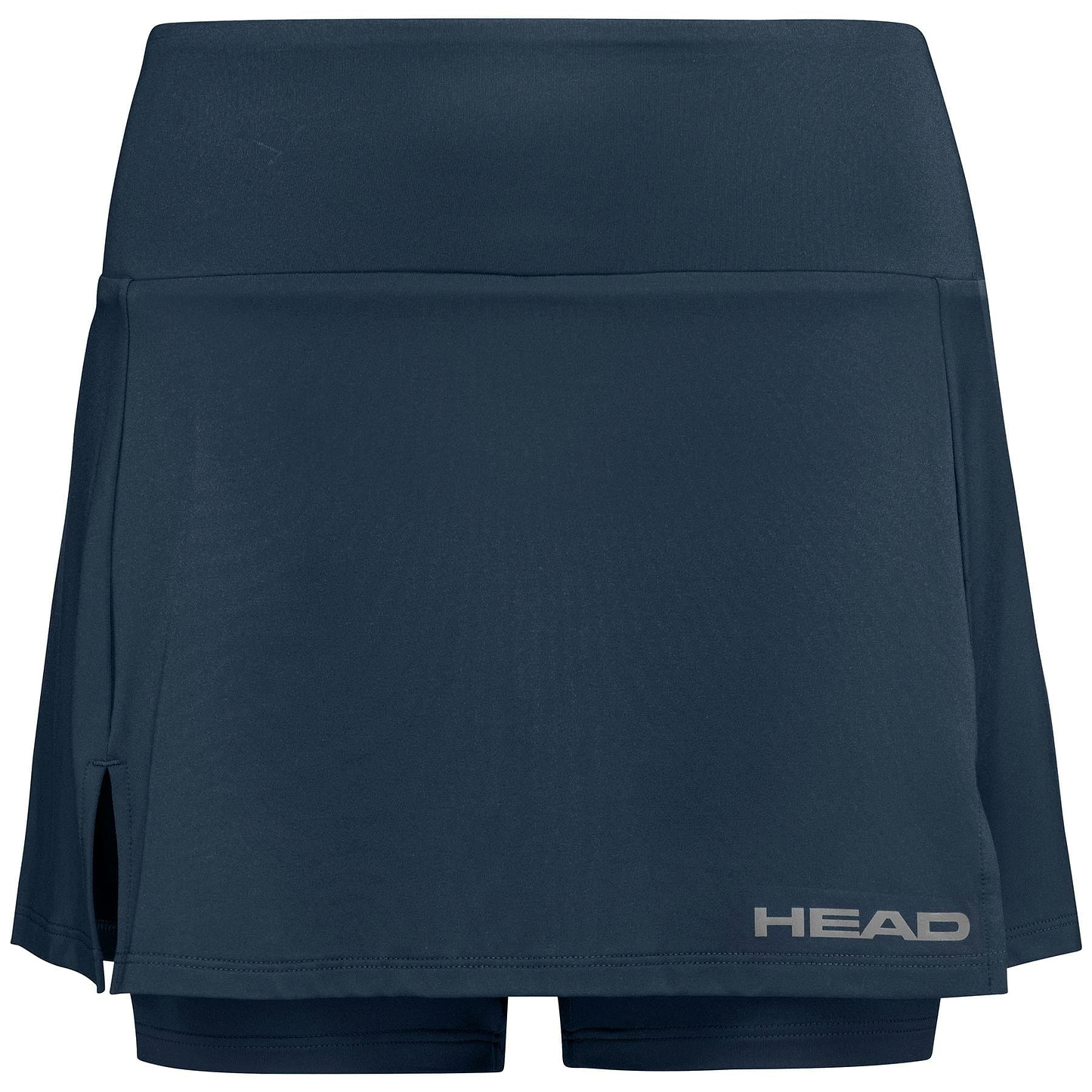 The HEAD Women's Club Basic Badminton Skort in navy is ideal for intense matches, featuring built-in shorts, a subtle side slit, and a white "HEAD" logo on the lower right. It's crafted with Moisture Transfer Microfibre to keep you cool on the court.
