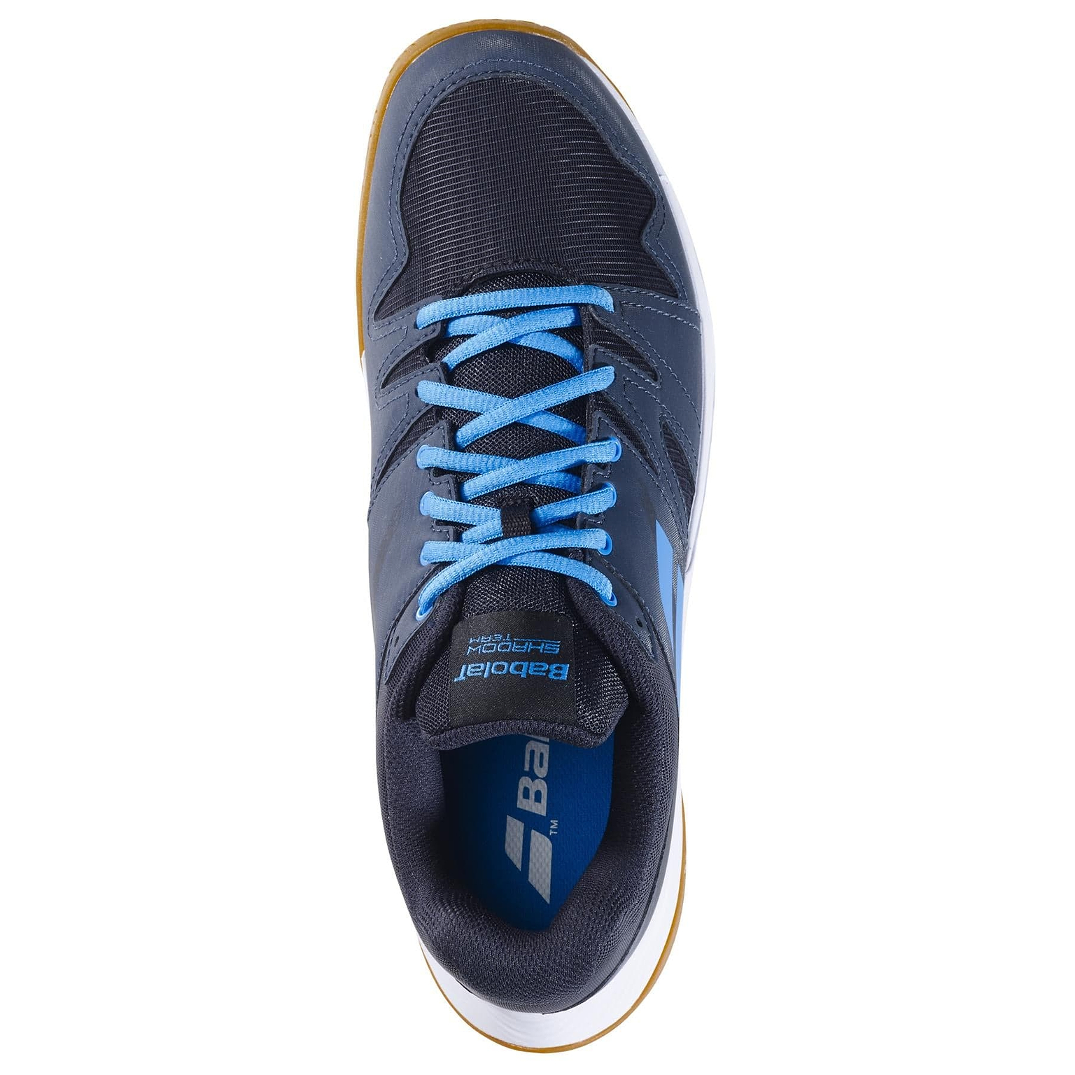 A single Babolat Shadow Team 2 Men's Badminton Shoe in black/grey with blue laces, a white and brown Michelin rubber sole, and "Babolat" branding on the tongue, shown top-down on a white background.