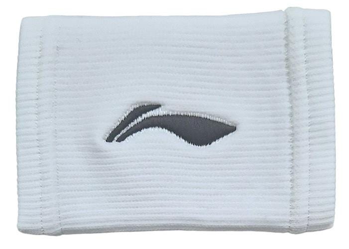 The Li-Ning Central Logo Wristband - White offers comfort for badminton players with its ribbed texture and neatly stitched edges. Its gray wavy logo enhances the elegant white design, making it a must-have accessory.