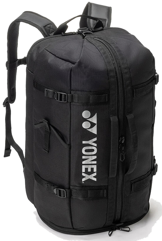 The Yonex BA72612EX Gearlogic Badminton Backpack - Black (40L) features multiple compartments, padded shoulder straps, side handles, and a white Yonex logo—ideal for organizing all your badminton gear.