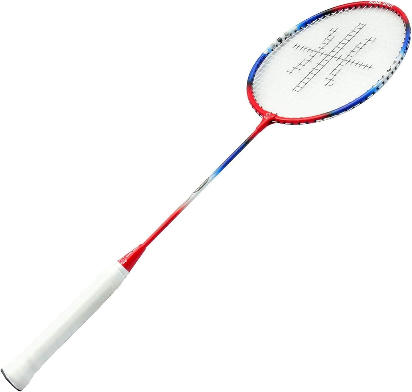 The Sure Shot London Full Size Badminton Racket, from the brand Sure Shot, features a red, blue, and white frame with an isometric head for optimized shots. Its white handle matches the grid-patterned strings. Positioned diagonally against a white background, it combines style and functionality perfectly.