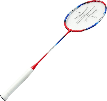 The Sure Shot London Full Size Badminton Racket, from the brand Sure Shot, features a red, blue, and white frame with an isometric head for optimized shots. Its white handle matches the grid-patterned strings. Positioned diagonally against a white background, it combines style and functionality perfectly.