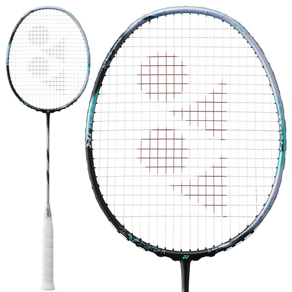 The Yonex Astrox 88D Tour 4U Gen 3 2024 badminton racket boasts a black and silver frame with a white grip, ideal for defensive players. The strings, adorned with red logos, enhance its smashing power. You can view it in both full length and partial perspectives.